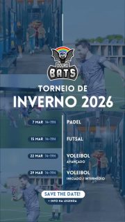 O frio está aí, mas a competição vai aquecer 🔥❄️

Estão abertas as inscrições para o Torneio de Inverno 2026 🦇

7 MAR – Padel (14h–19h)
Local: Your-Top Padel | Industrial
15 MAR – Futsal (14h–19h)
Escola Secundária António Nobre 
22 MAR – Voleibol Nível Avançado (14h–19h)
Escola Secundária António Nobre 
29 MAR – Voleibol Nível Iniciado/Intermédio (14h–19h)
Escola Secundária António Nobre 

Reúne a tua equipa, garante a tua vaga e vem fazer parte de mais um grande torneio.

Esperamos por ti 💪
🔗 Inscrições no link da bio