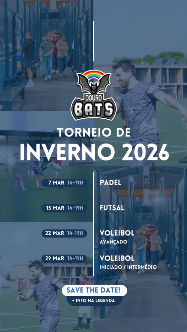 O frio está aí, mas a competição vai aquecer 🔥❄️

Estão abertas as inscrições para o Torneio de Inverno 2026 🦇

7 MAR – Padel (14h–19h)
Local: Your-Top Padel | Industrial
15 MAR – Futsal (14h–19h)
Escola Secundária António Nobre 
22 MAR – Voleibol Nível Avançado (14h–19h)
Escola Secundária António Nobre 
29 MAR – Voleibol Nível Iniciado/Intermédio (14h–19h)
Escola Secundária António Nobre 

Reúne a tua equipa, garante a tua vaga e vem fazer parte de mais um grande torneio.

Esperamos por ti 💪
🔗 Inscrições no link da bio